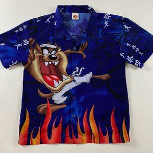 Vintage Y2K Taz Tasmanian Devil Shirt Men's Medium All Over Print Button Down Up